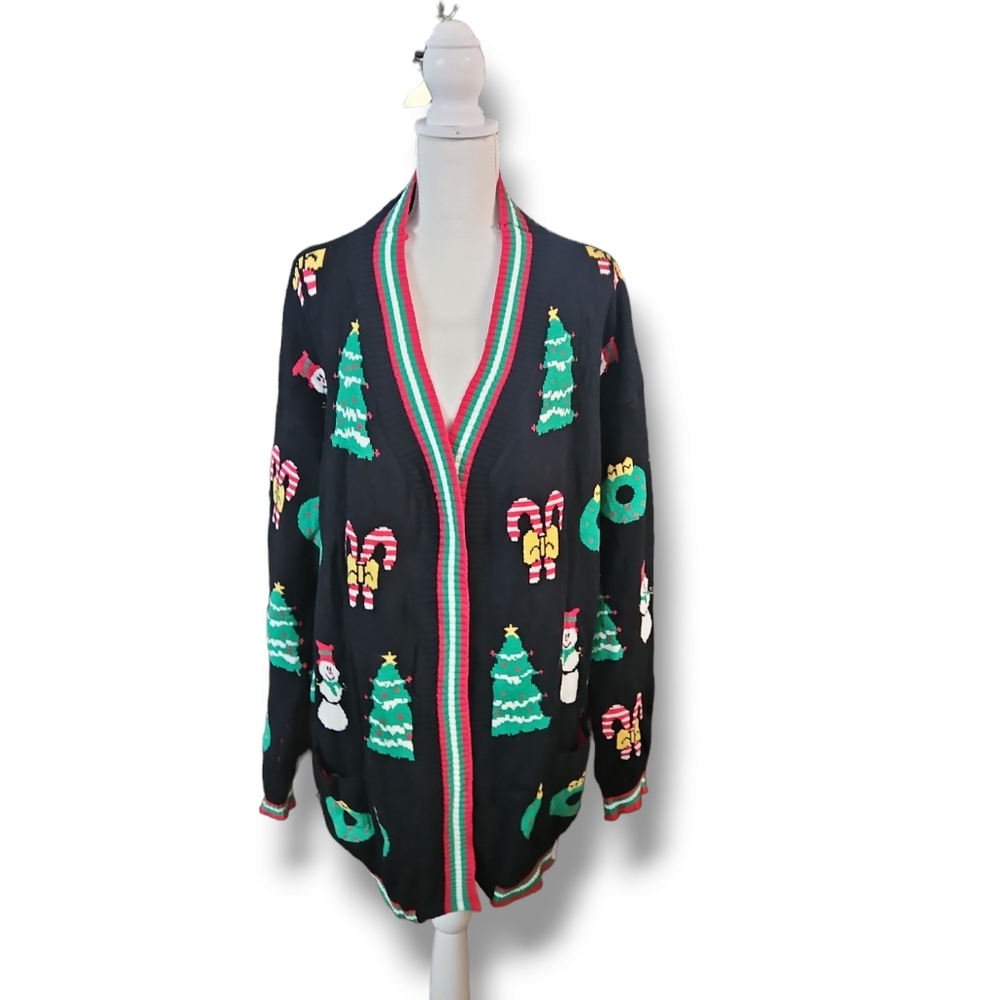 Womens Christmas Open Front Ugly Cardigan Xmas Graphic Printed Long Sleeve Santa